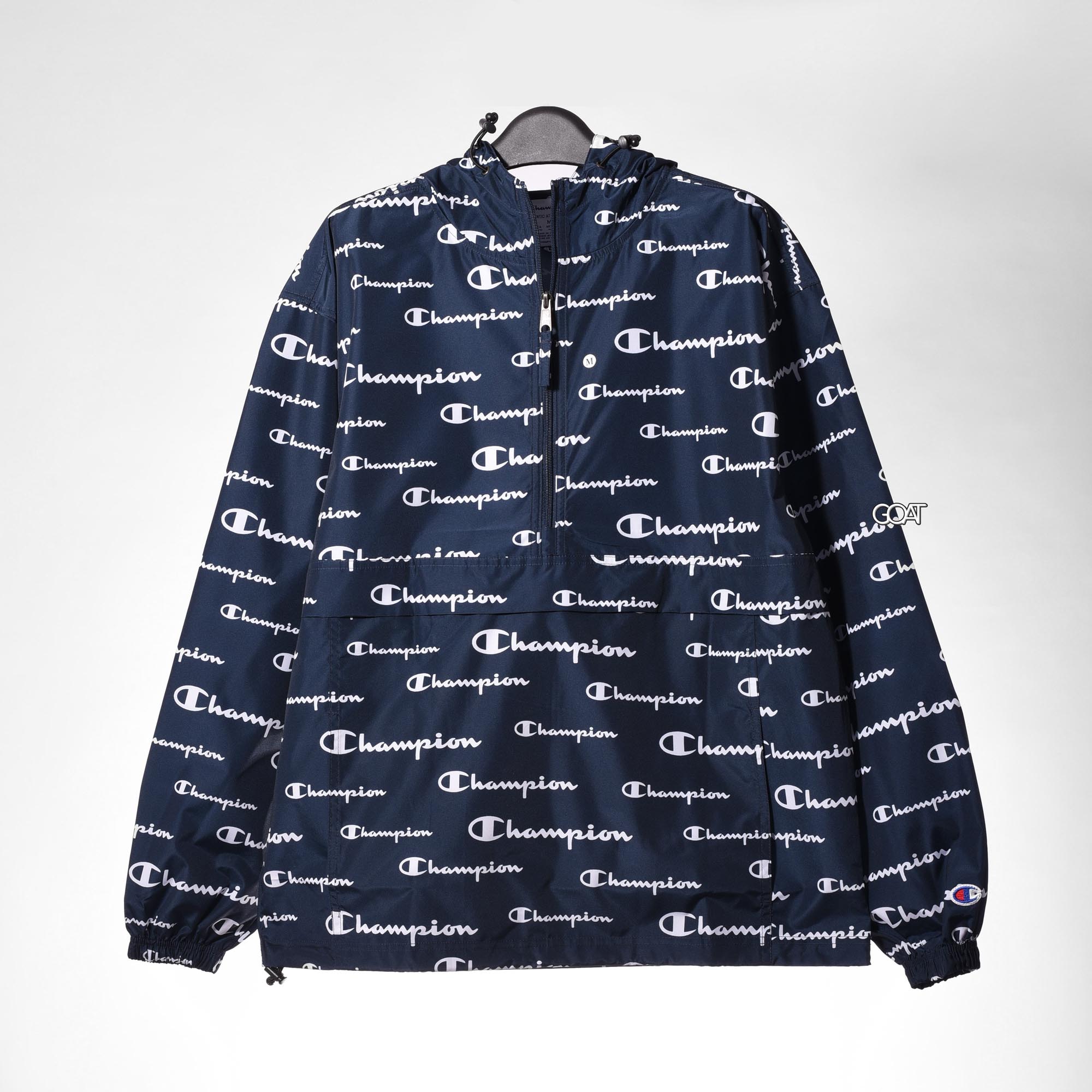 CHAMMPION ALL OVER PACKABLE JACKET SCRIPT LOGO - NAVY
